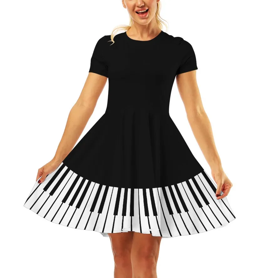 

Women Summer Vintage Dresses Musical Note Floral Robe Retro Swing Dresses Casual 50S Rockabilly Dresses Vestidos