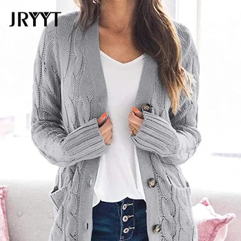 

JRYYT Casual Single Breasted Knitted Cardigans Women Autumn Winter Striped Pockets Sweater Women Button V-neck Knitwear Female