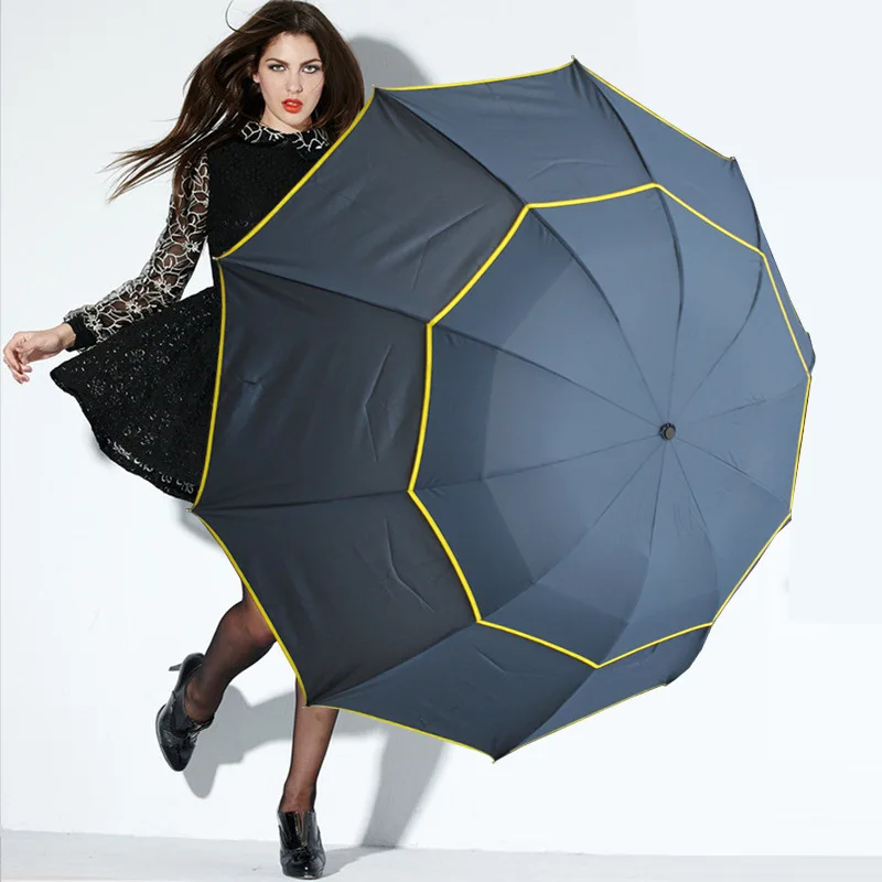 Складывающийся втрое ветрозащитные непромокаемые Бизнес зонтик Double гольф от дождя зонт Для мужчин Для женщин зонтик для путешествий Портативный зонтик Диаметр 112 см