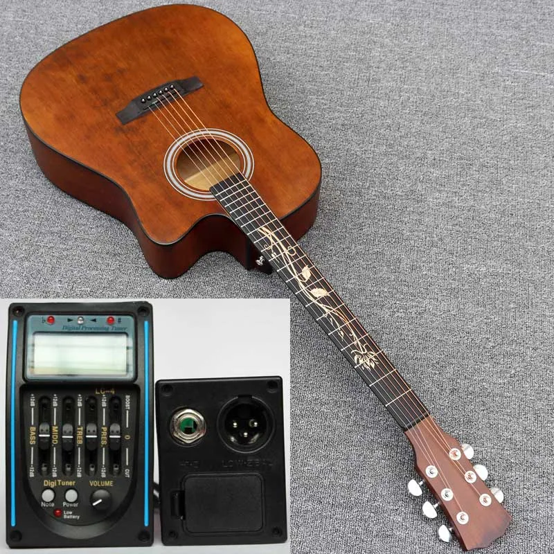 guitar with EQ Винтажный цвет 41 дюймов электроакустическая гитара с цветочной инкрустацией грифа струна - Цвет: guitar with EQ