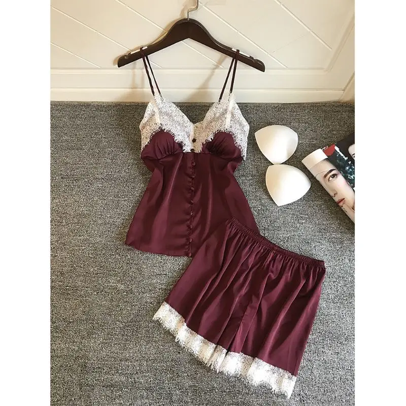 Womens Imitation Silk Sexy Lingerie Set Push Up Padded Button Down Camisole Wide Leg Eyelash Lace Shorts Solid Color Nightwear