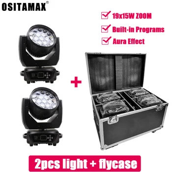 

Flight case 2pcs Lyre LED 19x15w RGBW Aura Effect Zoom Moving Head LED Wash Light Brightness Colorful Strobe for Disco Party DJ