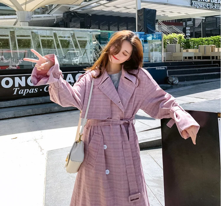 Повседневный шикарный корейский Новое поступление клетчатый Тренч женское элегантное розовое однотонное Свободное пальто с поясом и карманами
