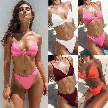 

Hirigin Thong Bikini Set 2019 New Women Swimwear Pure Color Push Up Padded Swimsuit Biquini Women Bathing Suit Summer Beachwear
