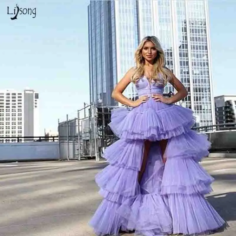 Лаванда Robe de soiree арабский Hi Low вечернее платье Длинные Скромные Вечерние платья Дубай Многоуровневое Тюлевое шикарное вечернее платье с рюшами на заказ - Цвет: Лаванда