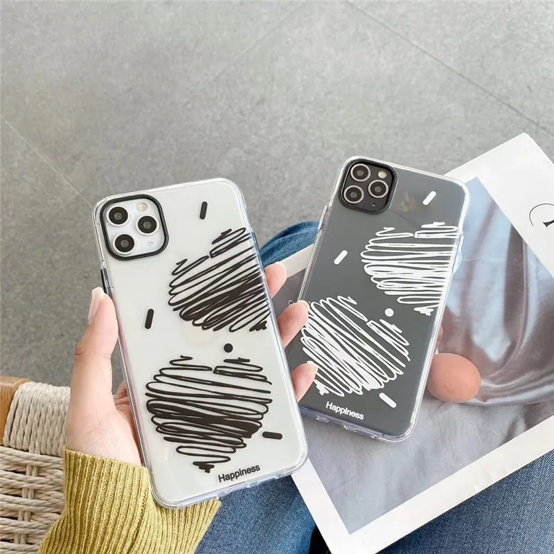

For iPhone 11 11Pro Max Case Line Graffiti Love Heart Transparent Case For iPhone 8 7 Plus X XS Max XR Clear Back Cover Coque