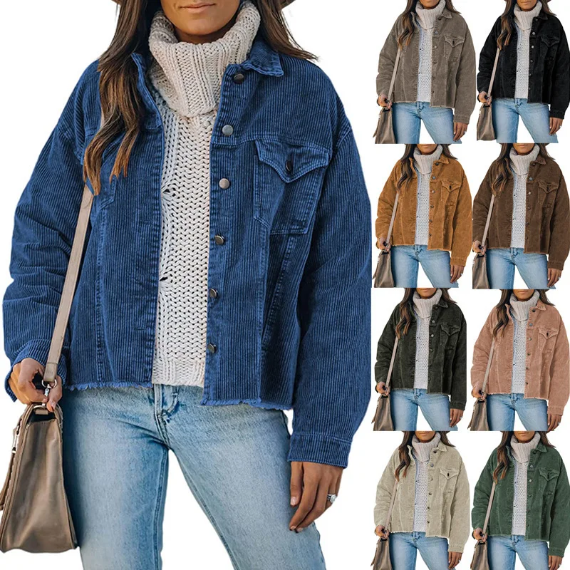 3Xl Women's Coat Jacket New Women's Corduroy Jacket Button Loose Long Sleeve Wild Fashion Simple Ladies