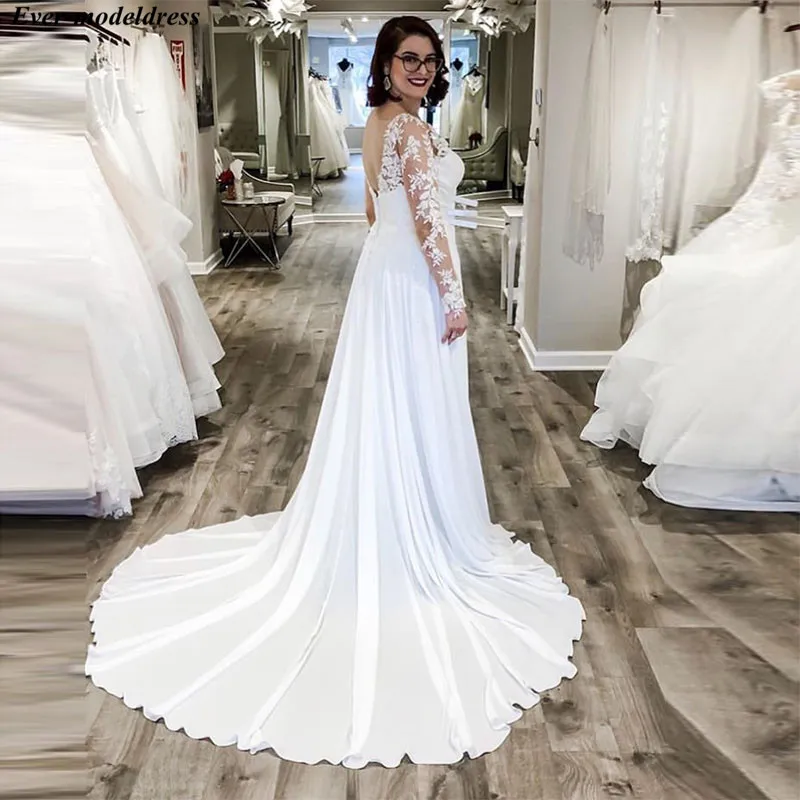 Boho свадебный наряд с длинными рукавами кружевное платье с вышивкой и открытой спиной шифон плюс размер свадебные платья невесты платье Vestido De Noiva