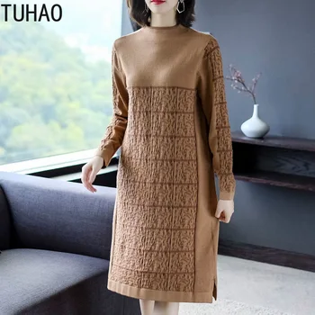 

2020 spring Turtleneck Jacquard Knitted Dress Elegant Office Lady Woman Clothes spring Winter Knee Length Work Dress LZ37