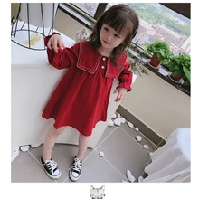 Платье для девочек; Детские платья для девочек; осеннее платье с длинными рукавами-фонариками; винтажное красное платье принцессы с матросским воротником; одежда для маленьких девочек