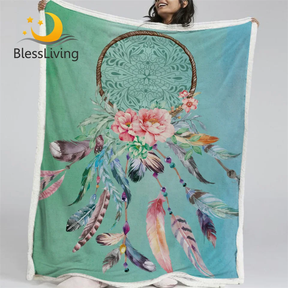 

BlessLiving Dreamcatcher Soft Blanket Sherpa Fleece Reversible Blanket Floral Throw Blanket for Beds Multicolors Plush Bedspread