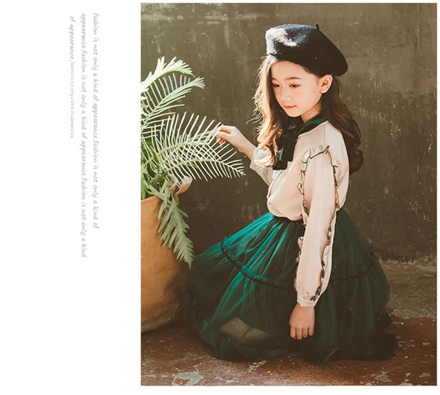 Desinger/эксклюзивная Детская одежда Одежда для девочек комплект из 2 предметов блузка с длинным рукавом и изумрудное платье в стиле ретро, комплект одежды для девочек от 10 до 12 лет