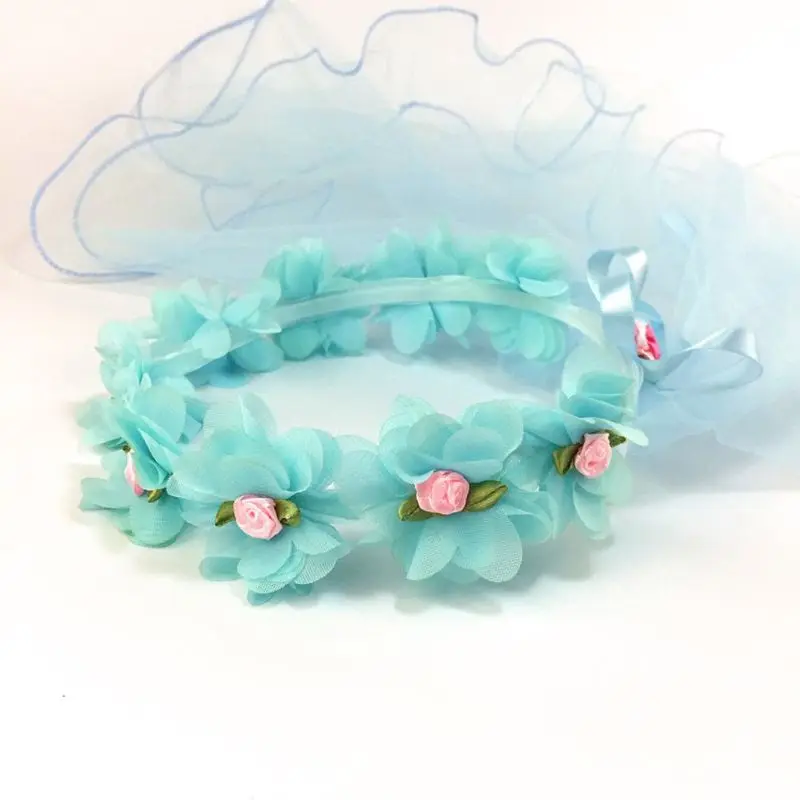 

Girls Mesh Veil Wedding Crown Artificial Candy Color Petals Flower Hairband Wreath Ribbon Bowknot First Communion Headwear Comb