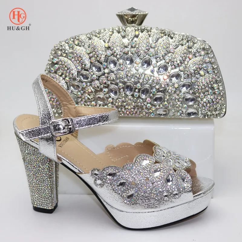 

New Arrival Sandals with Matching Bags Set Decorated with Rhinestone Italian Shoe and Bag set for Women Party Pumps in Silver