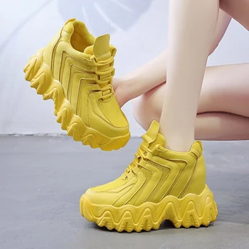 

2020 Autumn Women Wedge Sneakers Platform Fashion 10cm Height Increasing Yellow Casual Shoes Ladies Chunky Vulcanize Shoes Woman
