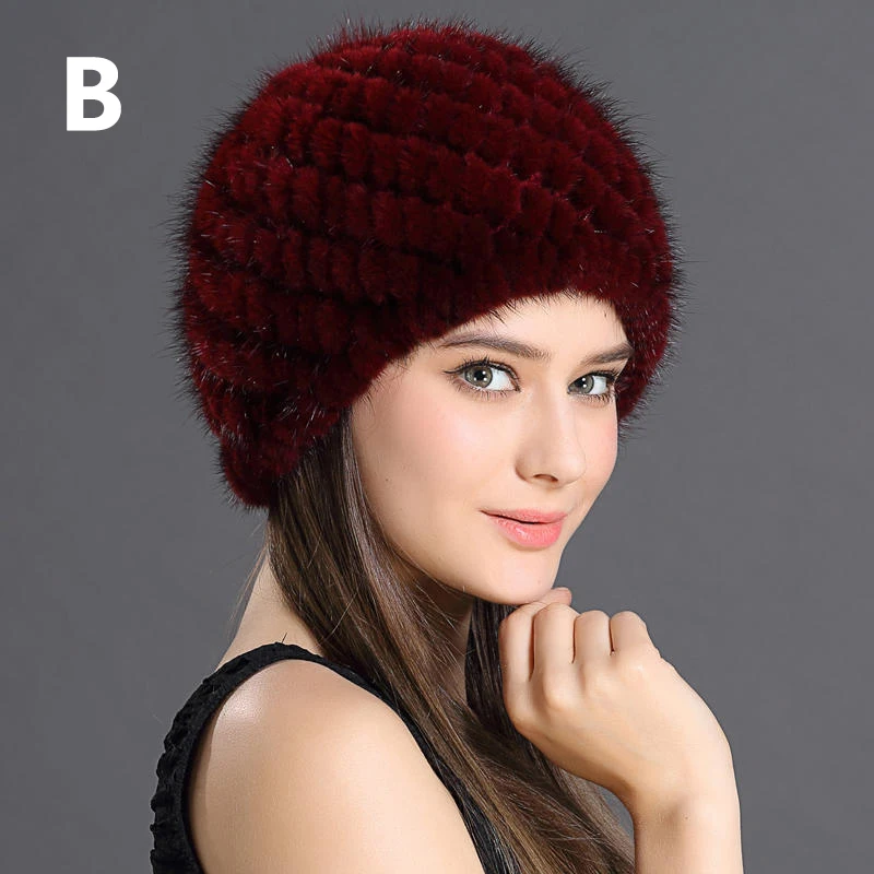 2 New Winter Lady Knitted Mink Fur Beanies Hat Knit Warm Striped Autumn Faux Fur Caps Women Good Elastic Streetwear Hat - Цвет: 2