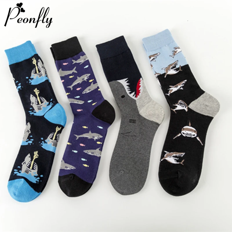 

PEONFLY Novelty Streetwear Happy Socks Men Harajuku Hip Hop Shark Sea Fish Pattern Art Designer Men Socks Cotton Calcetines