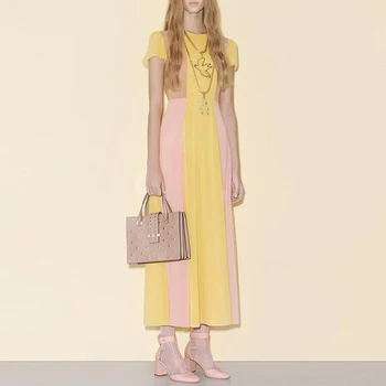 

Gedivoen Women Colorblock Summer Dress Fashion Designer Elegant Short Sleeve A Line Dress Party Sweet Female Midi Dresses