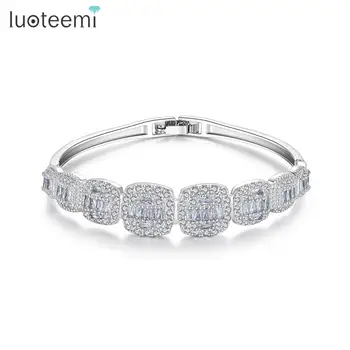 

LUOTEEMI Brand Design Clear Cubic Zircon Paved Square Shape Bangles for Women Bride Wedding Party Female Fashion Jewellery Gift