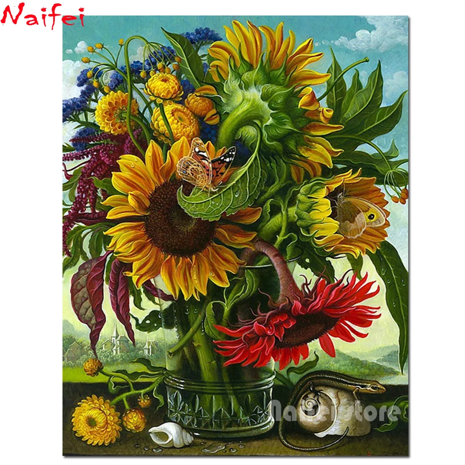 Картина Подсолнух бабочка ящерица 5d сделай сам алмазная живопись Цветы любви