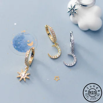 

925 Sterling Silver Asymmetrical Zircon Moon Star Shape Gold Color Plated Ear Rings Jewelry CZ Hoops Piercing Earrings for Women