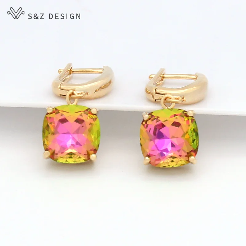 S&Z DESIGN Korean Fashion Square Crystal Dangle Earrings 585 Rose Gold Color Eardrop For Women Wedding Jewelry Lover Gift
