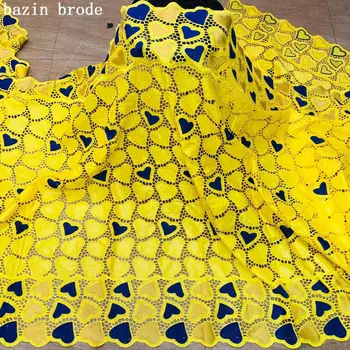 

Yellow African bazin riche fabric with brode Latest fashion embroidery bazin lace fabric with net lace 5 yards