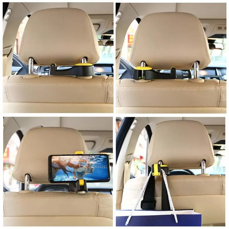 Kayme Car Back Seat Headrest Hook with Phone Holder, Auto Mult-function Seat Headrest Hanger for Groceries Handbag, 12x5.5x3cm