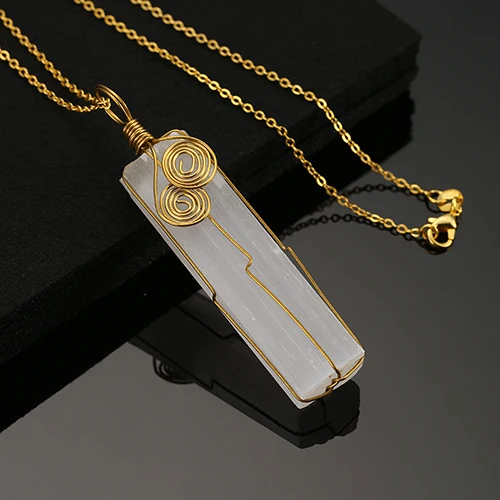 Светло-желтый, золотистый цвет Reiki Healing irregular Raw stone Pendant necklace Natural Selenite Sticks Wands Rough Gypsum Crystal Pendant Handmade jewelry - Окраска металла: Светло-желтый, золотистый цвет