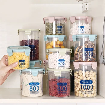 

600-1000ml Kitchen Cereal Dry Food Storage Container Leakproof Plastic Storage Bottle With Locking Lids Fresh Pot Container A35