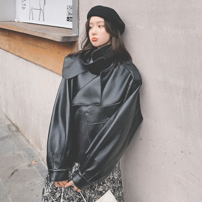 

LANMREM 2020 New Spring Solid Color Stand Collar PU Leather Jacket For Women Korea Loose All-match Oversize Black Coat PD584