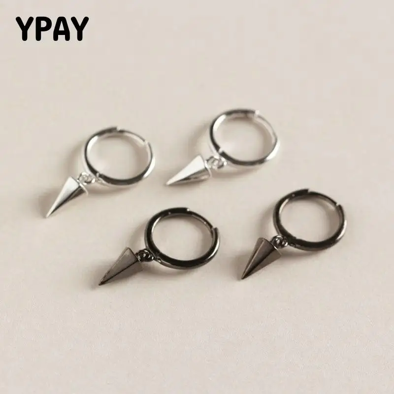 

YPAY 100% Solid 925 Silver Hoop Earrings for Women Geometric Hexagonal Cone Pendant Earring Men Punk Fine Party Jewelry YME514