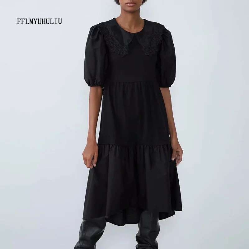 

Ladies fashion round neck embroidery dress print half sleeve solid color casual loose midi dress