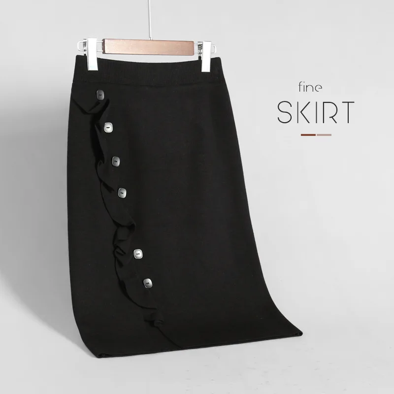 Good Quality Elastic Waist Knitted Skirt Pencil Side Buttons Ruched Hem Midi Skirt Elegant Jupe Femme Falda Mujer Gonne Gonna