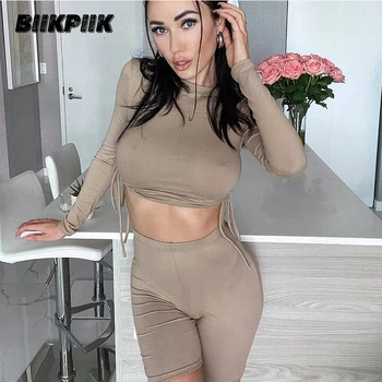 

BIIKPIIK Drawetring Crop Top And Skinny Biker Shorts Set Basic All-Match Streetwear Clothes Sporty Fitness Two Piece Set Women