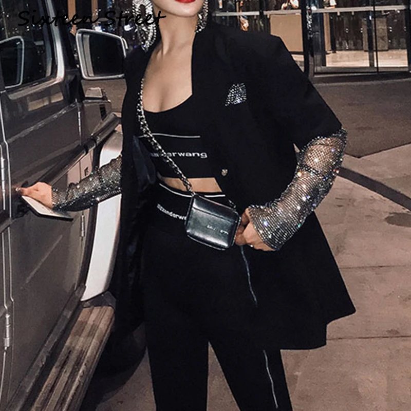 

Bling Diamond Sleeve Blazer Jacket Woman Notched Collar Black Solid Pocket Runway Designer Long Blazer Coat Woman 2019 Autumn