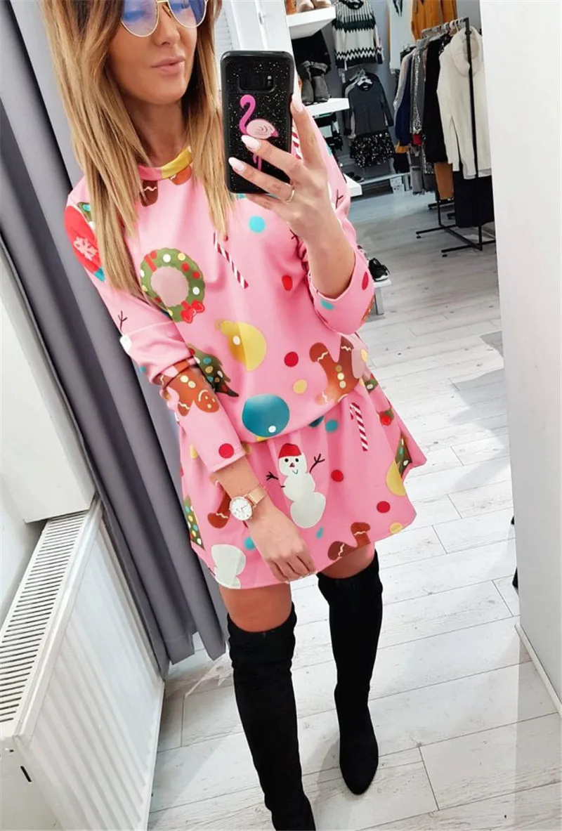 Elsvios Women Autumn Winter Christmas Dress New Year Long Sleeve Party Dress Snowman Print Mini Dresses For Parent-Kid Vestidos