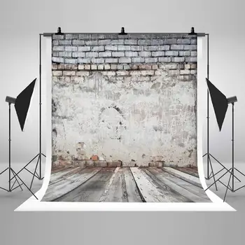 

Photography Backdrops White Broken Brick Wall Gray Wood Stripe Floor Photo Background for Wedding Studio Props