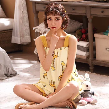 

BZEL Sleepwear Women's Cotton For Summer Faint Yellow Sleeveless Giraffe Top With Suspenders And Loose Shorts Home Suit 2020