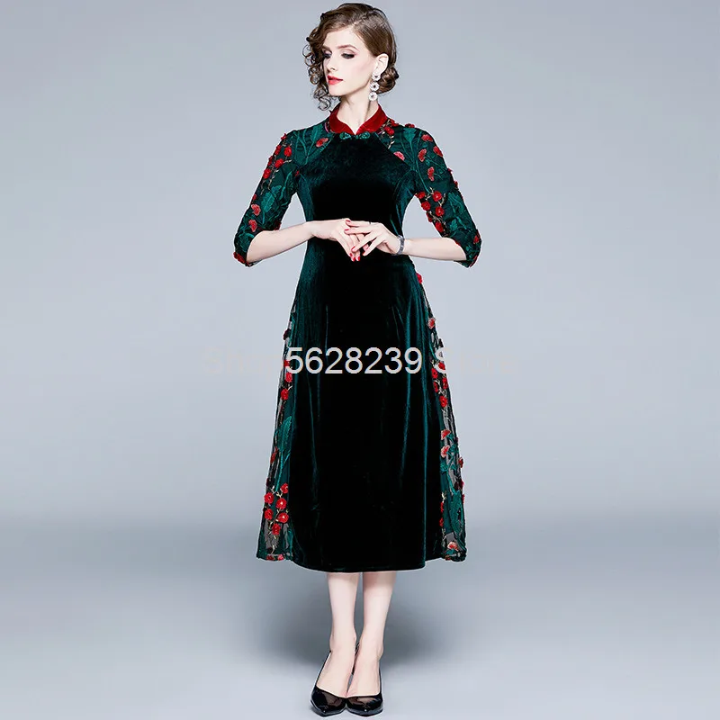 

Velvet Dress Female 2020 Set Up Collar Waist Mesh Embroidery Big Pendulum Skirt