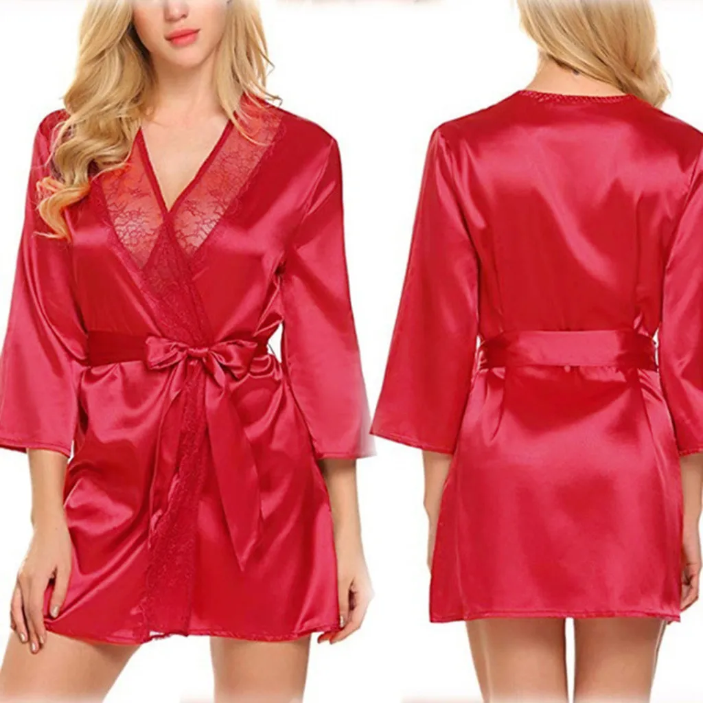 

Women Nightdress Sexy Sleepwear Lingerie V Neck Nightgown Gown Nuisette Nighty Robe Hot Satin Lace Night Mini Solid Dress@50