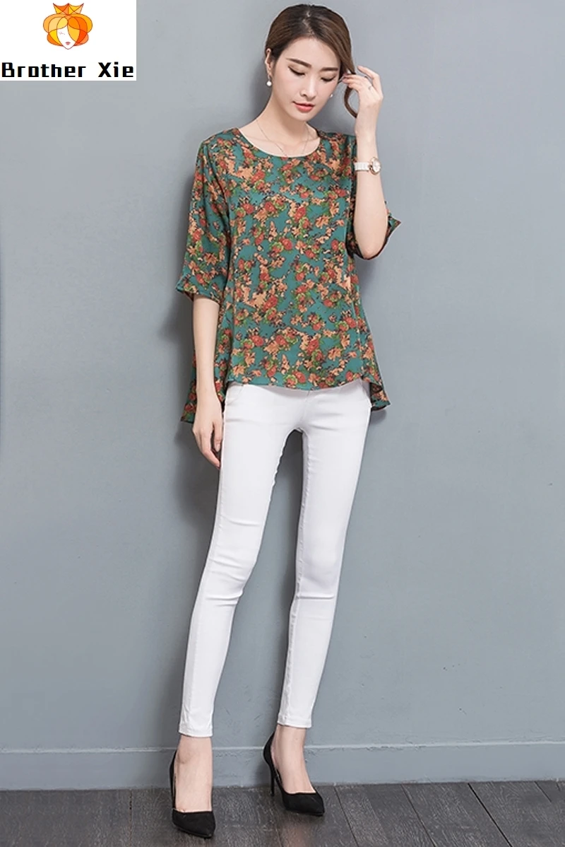 

Size Plus 2020 New Summer Three Quarter Sleeve Print Mother Silk Blouse Shirt Green Flower Womens Tops And Blouses