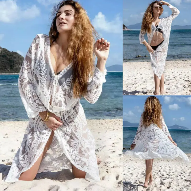 

Fashion Lady Sarong Retro Lace Maxi Bikini Floral Solid Cover Up Beach Long Kimono Chiffon Crochet