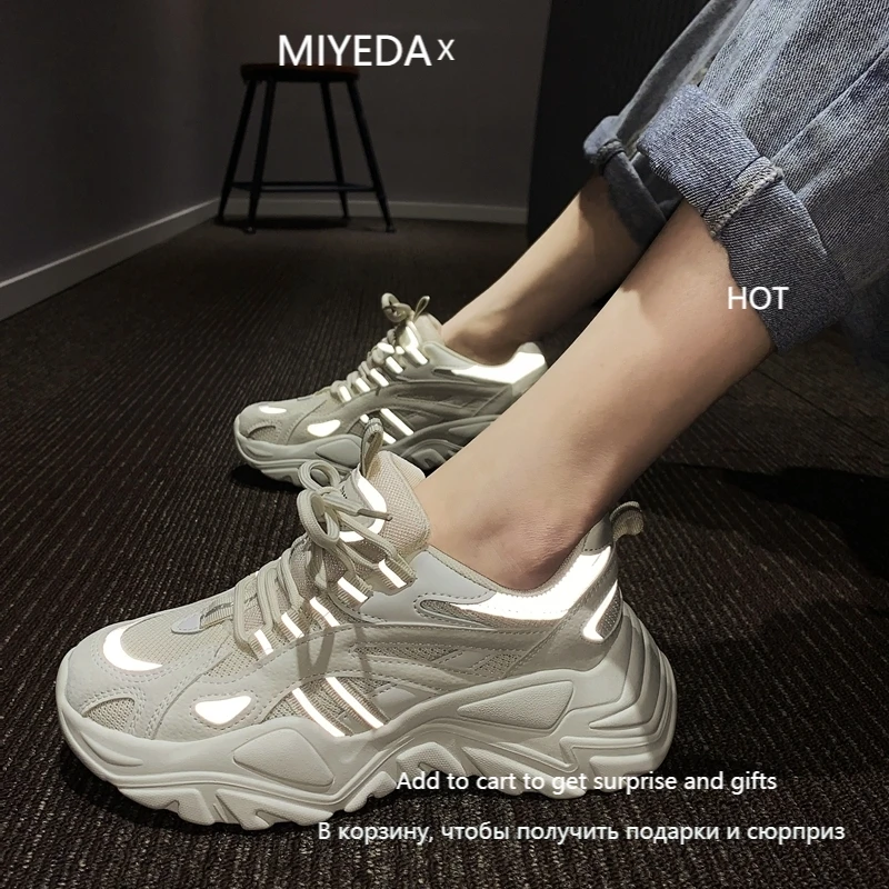 Best Offers Female Sneakers Casual-Shoes Reflective Women's Chunky Lace-Up Fashio Black Breathable gBQLxKnwXAn