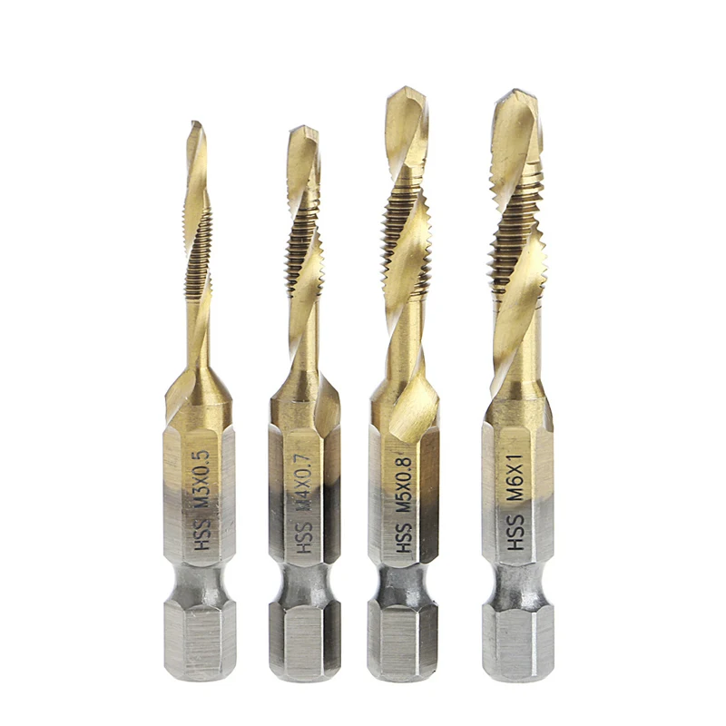 

4 Pcs/Set HSS4241 Titanium Coated Bits Drill Hex Shank Spiral Tap M3-M6