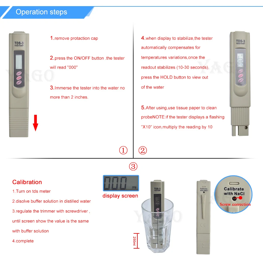 Yieryi TDS-3 цифровой измеритель качества воды Tds тестер чистоты 0-9999ppm для аквариума, воды, бассейна, спа, садоводства 10 шт