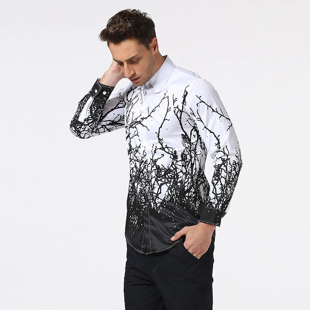 Cotton Casual Printed Turn-Down Collar Slim Fit Shirt Men's Long Sleeve Fashion Shirts Blouse Streetwear Hauts pour hommes z0803