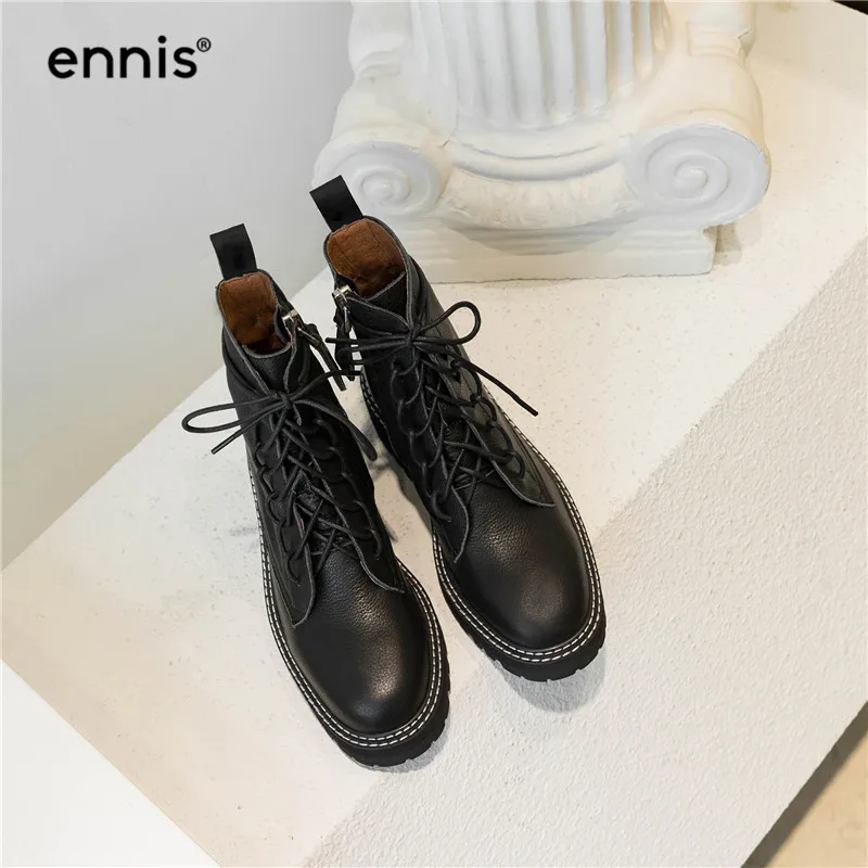 ENNIS Autumn Winter Women Boots Genuine Leather Platform Thick Sole Martin Boots Lace Up Ankle Boots Suede Zip Shoes A9160