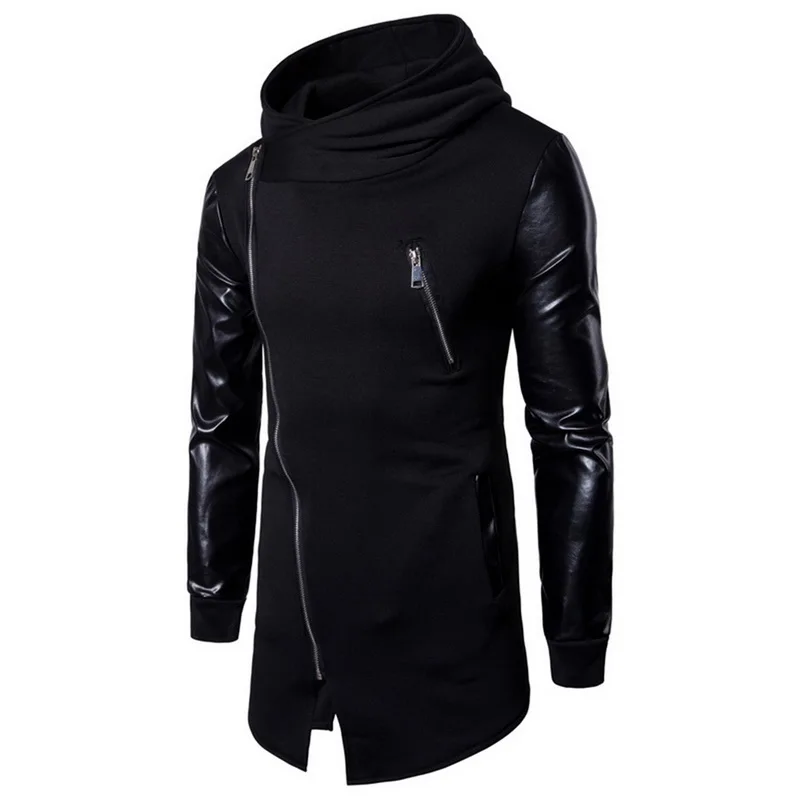MJARTORIA 2020 New Mens Casual Hoodie Jackets Pu Leather Patchwork Motorcycle Long Outwear Coat Zipper Irregular Rock Coats | Мужская