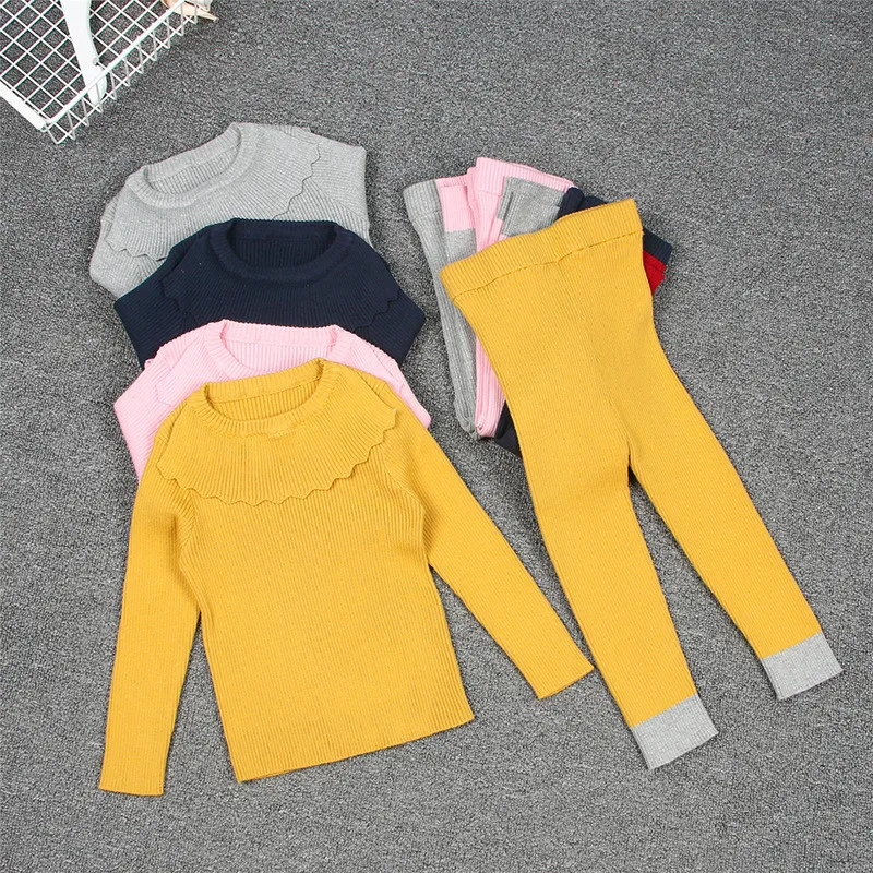 

Kids Ribbed 2pc Set Autumn Baby Girl Winter Clothes Sweaters Suits Pants Bottoming Shirt Children's Clothing 1-6 Years E0323